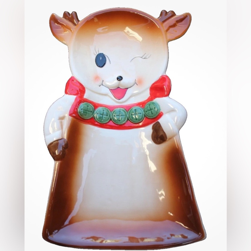 New Brown Christmas Holiday Retro Winking Reindeer Party Server Tray Plate